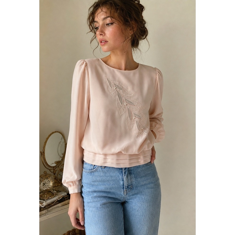 LIZ ROBERTS Blouse Vintage Pearl Embroidered Women 14 Peach Romantic Minimalist
